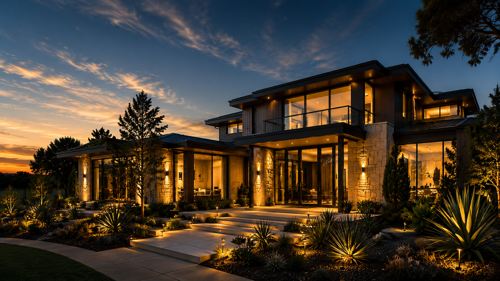 Modern luxury home exterior at dusk